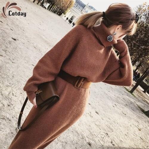 Cotday Turtleneck Knitted With Belt Drop 2020 Winter Female Lazy Wind Thicken Women Warm Slim Pullover Long Sweater Dress