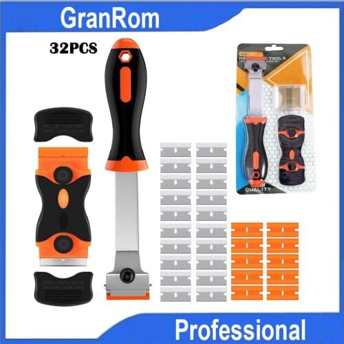 Mini Double-Sided Scraper Long Handed Shovel 32pcs Kit Glass Glue/Label/Decal Residue Cleaning Tool Set