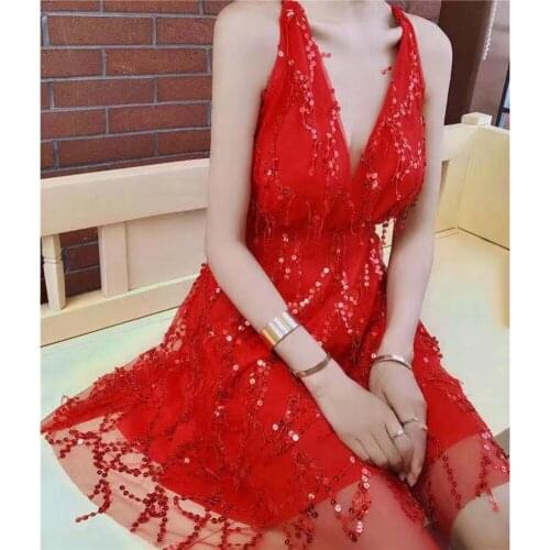 Elegant Halter Sequin Sexy Mini Dress Women Backless Bandage Sleeveless Dresses Party Skinny Nightclub Deep V Neck Vestidos