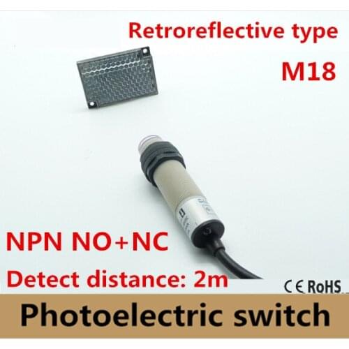 M18 Retroreflective type NPN NO+NC DC 4 wires photoelectric switch Infrared photocell sensor with mirror reflector distance 2m