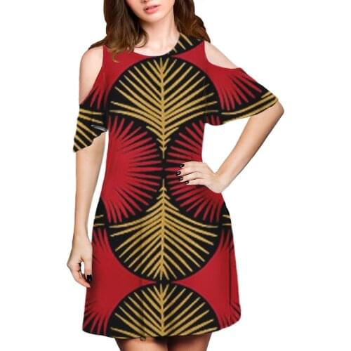 Hycool African Tribal Design Red Fashion Style Women Casual Dress 2021 Summer Mini Dating Dress Plus Size Half-Shoulder Dresses