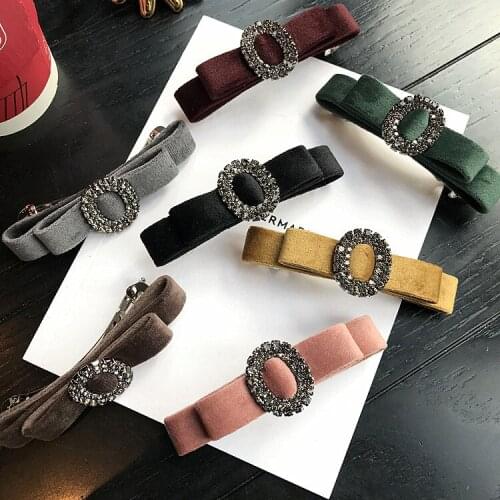 Korean Hair Accessories for Women Vintage Bow Circle Rhinestone Hairpin Girl Solid Color Hair Clips