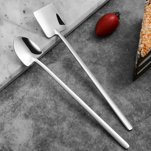 1PC Long Handle Stainless Steel Coffee Spoon Square Shovel Stirring Scoop Dessert Flatware Milk Tea Tools Cafe Kitchen Supplies