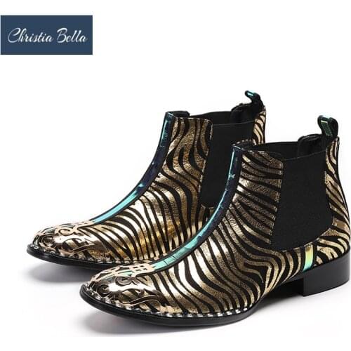 Christia Bella Sparkling Gold Zebra Pattern Men Ankle Boots Male Wedding Party Dress Boots Slip On Real Leather Chelsea Boots
