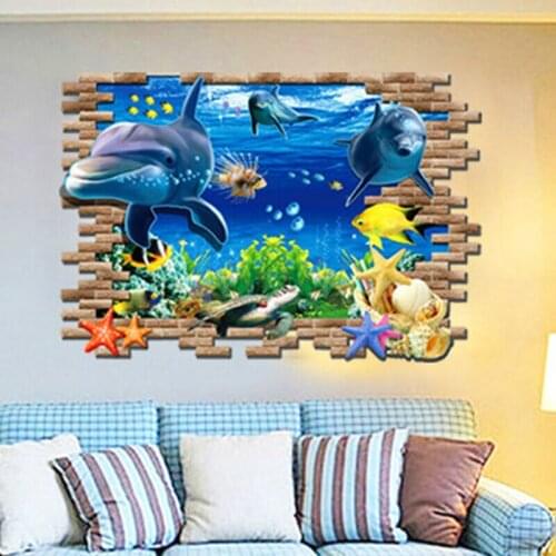 50x70CM 3D Ocean World Wall Sticker Lifelike Dolphin Fish Starfish Print Removable Home Decor Kid Baby Bedroom Decoration