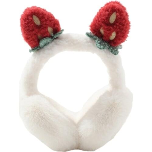 Women Student Winter Fluffy Plush Earmuffs Cute Cartoon 3D Strawberry Ears Earflap Foldable Portable Ear Warmers Covers Headband