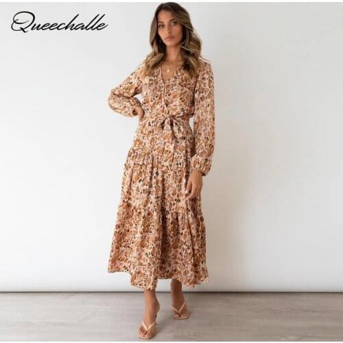 Autmn Leopard Dress Boho 2021 Fashion Women Fall Wrap Dress Long Sleeve V Neck Clothes Office Elegant Long Dresses for Lady