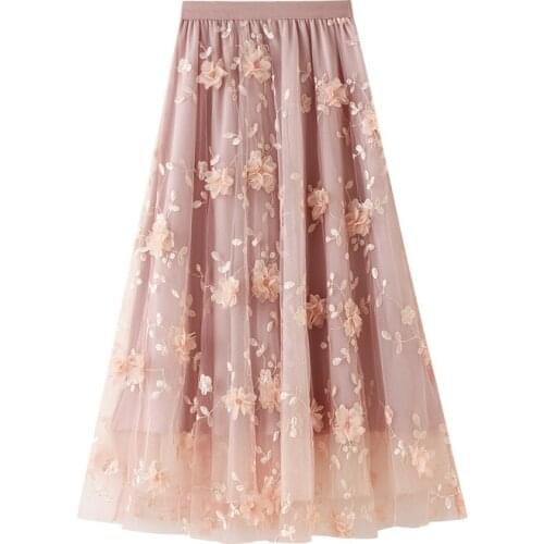 Autumn Three Layer Women Embroidery Skirt Long Pleated Skirts Top Brand Womens Saias Midi Faldas Vintage Women Midi Skirt