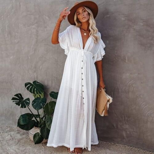 Sexy Deep V Backless Cover-ups Long White Ruched Tunic Dress Casual Summer Ruffle Sleeve Beach Dress Woman Button Cover Up Dress