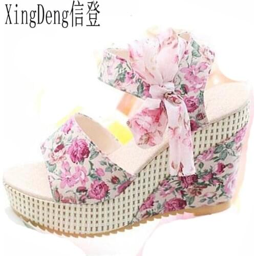 XingDeng Summer Lace Ladies Bowtie Sweet High Heels Peep Toe Sandals Size 35-39 Women Wedge Platform Floral Printed Sandals