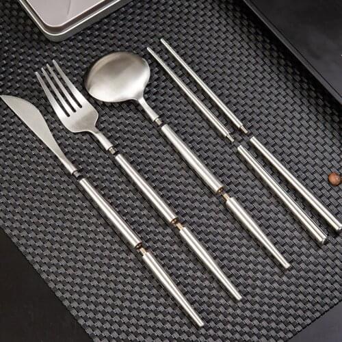 Detachable 304 stainless steel Portuguese portable tableware set camping tableware chopsticks spoon folding set