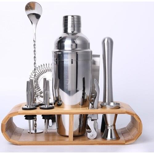 Stainless Steel Cocktail Shaker Mixer Drink Bartender Martini Tools Bar Set Kit with Bamboo Stand