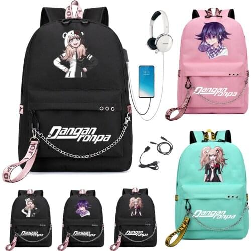 School Backpack Anime Danganronpa Teenagers School Backpack USB Port Monokuma School Bag Bear Pattern Student Book Travel Bag