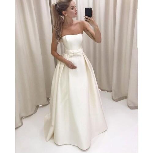 2019 Simple Strapless A-line Wedding Dress Matte Satin Draped Bride Gown Ivory Beach Backless Sleeveless Long Bridal Dress Custo