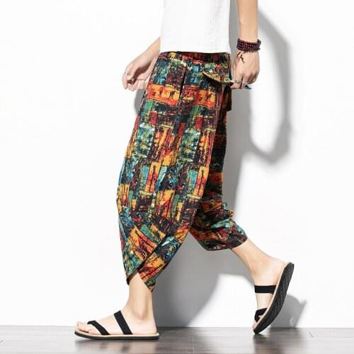 Loose Men Harem Pants Print Chinese Style Casual Pants Mens 2020 New Cotton Linen Trousers Male Oversize Jogging Pants 5XL