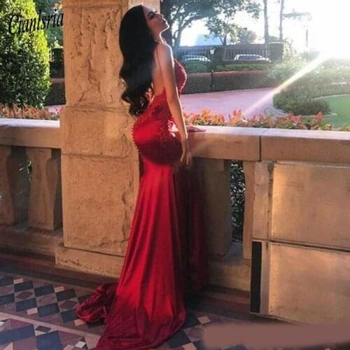 Dark Red Backless Mermaid Prom Dresses 2020 Straps Spaghetti Lace Appliques Beads Long Formal Party Evening Gowns