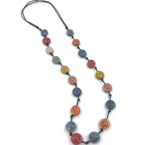 Vintage Ethnic Colorful Ceramic beads long Necklace Adjustable changeable size Colorful Ceramic Flowers Knotted Long Necklace