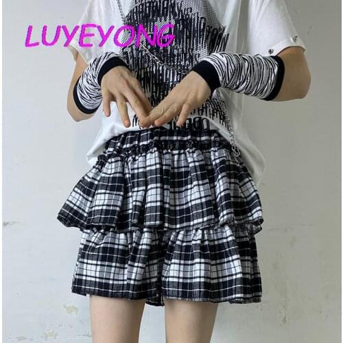 Y2k Girl Elastic Waist Street Midi Skirts Gothic Lady Black White Plaid Mini Skirt Summer Dark Goth Cool Korean Fashion Clothes