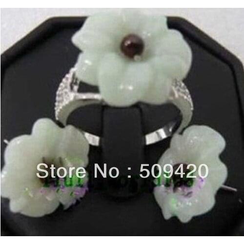 Free Shipping Wholesale>>>Classical Silver Plated Green jade stone Chocolate Pearl Ladys Necklace Earrings