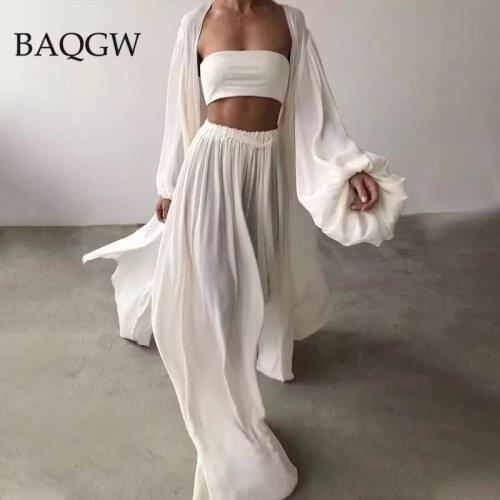 White Sexy Three Piece Set for Women Vest Lantern Sleeve Coat Wide Leg Pants Loose Sets Female Casual High Waist Matching Sets