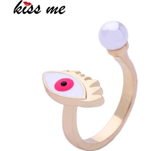 KISS ME Blue Red Eye Simulated Pearl Enamel Ring 2018 Brand Designer Gold Color Alloy Open Rings for Women Cute Jewelry