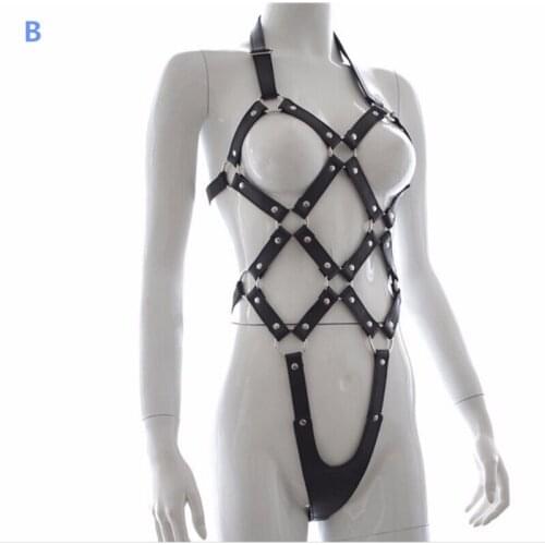 PU leather Body Harness Sexy Lingerie for Women Fetish Chastity Belt Slave Bondage Restraint Exposed Breast Adult Sex Toy PG0009