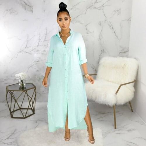 2021 Autumn Casual Women Long Sleeve Split Shirts Dress Apring Lady Fashion Loose Long Style Button Shirt Dresses