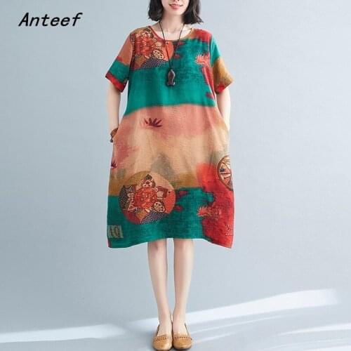 Short sleeve plus size cotton vintage floral dresses for women casual loose midi woman summer dress elegant clothes 2021