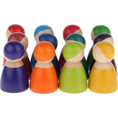 12 Pieces Rainbow Wooden Peg Dolls People Dolls Decorative Craft Kids Toys