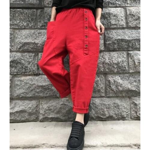 2021 Summer Arts Style Women Elastic Waist Loose Black Pants All-matched Casual Cotton Harem Pants Plus Size