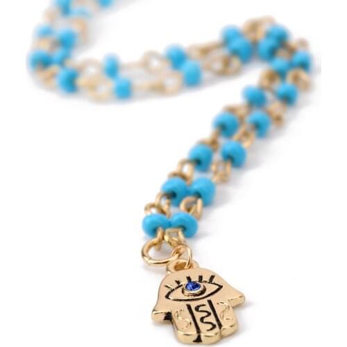 Charm Lucky Protection Hamsa Fatima Hand Evil Eye Pendant Beads Chain Necklace