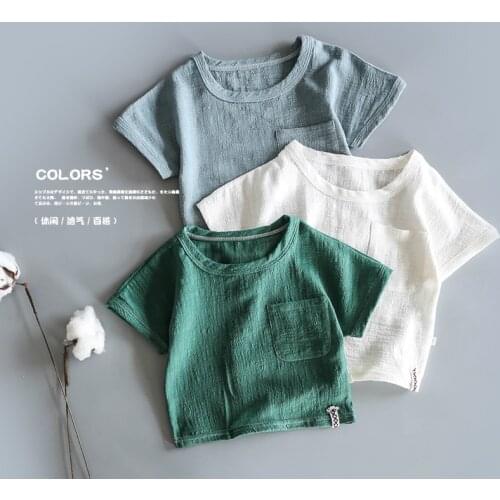 Japanese retro cotton hemp short sleeve baby cotton thin T-shirt boys and Girls Summer bamboo cotton half-sleeve shirt