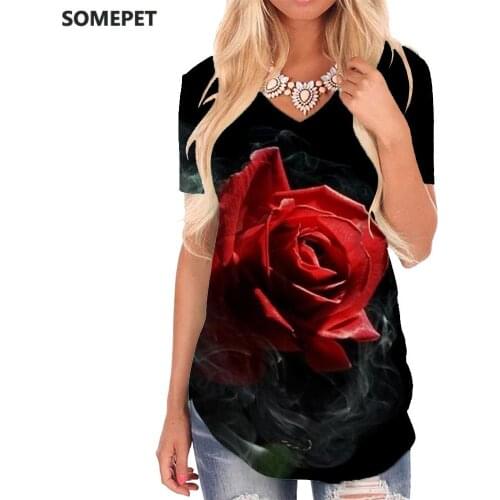 SOMEPET Rose Flower T Shirt Women Flowers Tshirts Printed Smoke Cloud Funny T shirts Harajuku V-neck Tshirt Womens Clothing