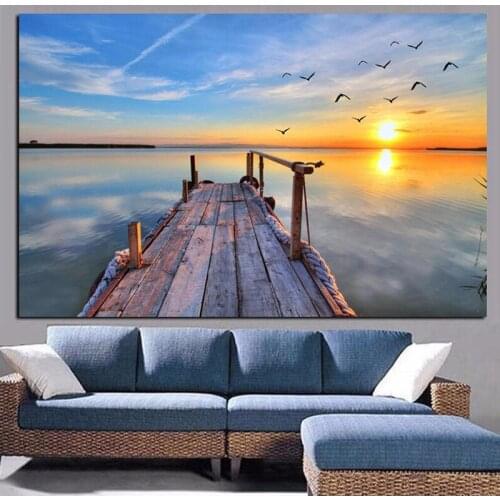 Natural Sky Sunset Seascape Bird Woonden Bridge Modern Oil Painting on Canvas Pop Art Wall Picture for Living Room Cuadros Décor