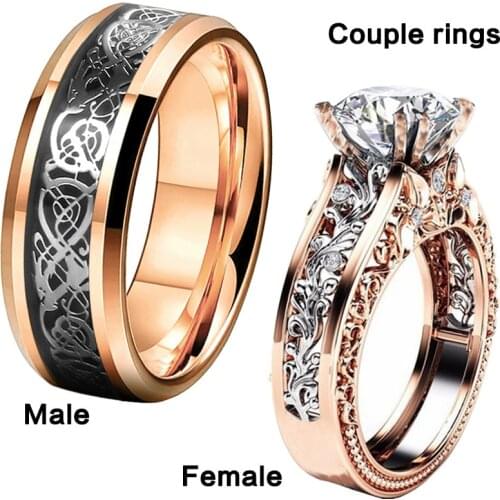 Fashion Couple Rings Women Golden Inlay White Crystal CZ Rings Set Golden Dragon Grain Stainless Steel Men Ring Wedding Band
