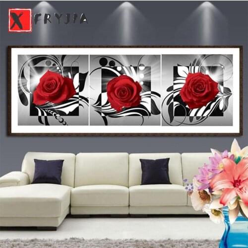 3pcs Red Rose 5D DIY Full round square Drill Diamond Painting Combination Kits Diamond Embroidery Painting Wall Art Home Decor