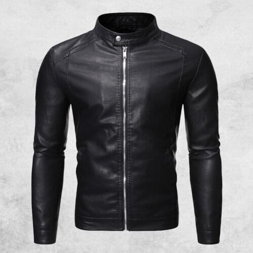 New Fashion Zipper Closure Stand Collar Men Jacket Autumn Winter Faux Leather Windproof Slim Motorcycle Jacket Outwear