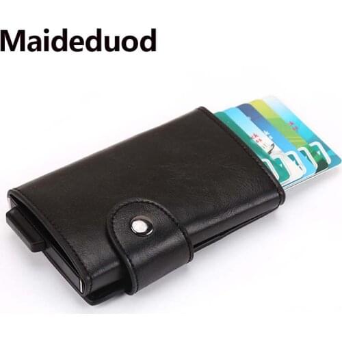 Maideduod New Men And Women Credit Card Holder RFID Aluminium Business Card Holder Crazy Horse PU Leather Travel Card Wallet