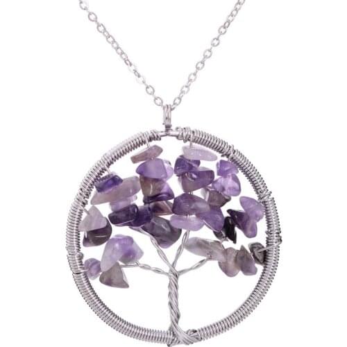 Multicolor 7 Chakra stone Tree Of Life Quartz Pendant Necklace Wisdom wire wrapped Natural Stone Necklaces