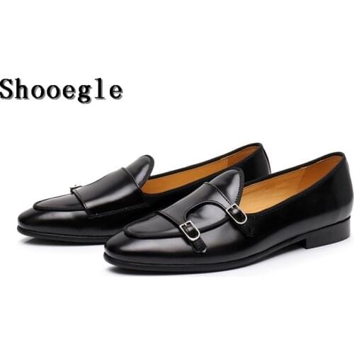 SHOOEGLE Men Vintage Casual Shoes Double Monk Strap Buckle Loafers Black Leather Wedding Party High Quality Dress Shoes Man
