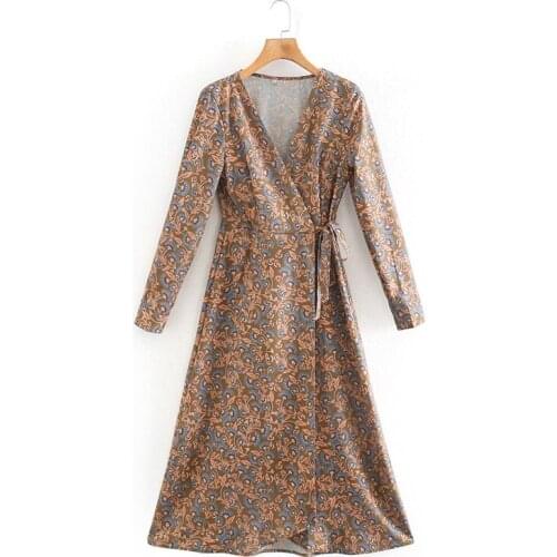 New arrivals ladies cocktail dress long-sleeved V-neck mid-length dresses fashion and elegant floral printed dress