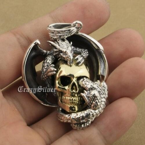 Huge Wing Dragon On Brass Skull 925 Sterling Silver Mens Biker Rock Punk Pendant 8B006