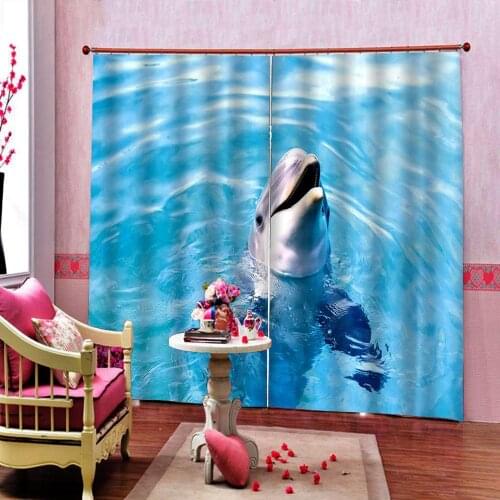 Custom Blue Waters Dolphins Curtain For Childrens room Bedroom Blackout Window Drapes Indoor Decor Sets 2 Panels With Hooks