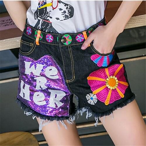 Summer Fashion High waist Denim Shorts women Embroidery Sequined Black Jeans Shorts Female Casual Loose Short Pants Streetwear