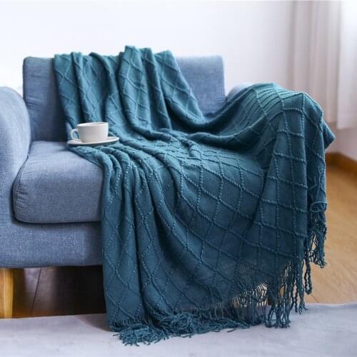 Textile City Cashmere-like Knitted Sofa Blanket Nordic Style Solid Tassel Bedspread for Hotel Morandi Blue Interior Deco 130x200