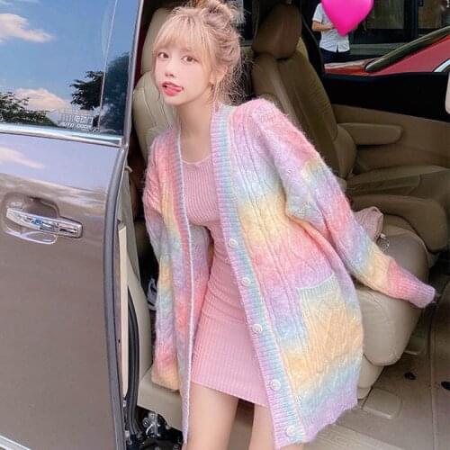 Japanese Kawaii Lolita Rainbow Sweater Female Cute Knitting Sweater Coat Women Sweet Korean Chic Full Sleeve Knitted Sweater