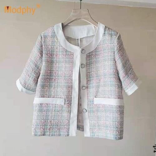 Spring Summer Tweed Jackets Women O-Neck Short Sleeve Loose Wool Coat Single Breasted Outwear Vintage Harajuku Top 2021
