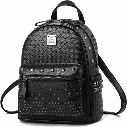 Black Woven Womens Backpack 2021 New Fashion Rivets Studded Girls Travel Daypacks Women Backpacks Female Small Bags