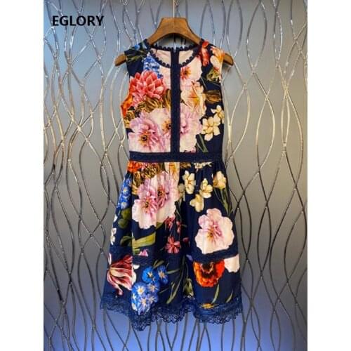 High Quality Cotton Dress 2020 Summer Style Women Charming Flower Print Lace Embroidery Patchwork Sleeveless Slim Blue Dress