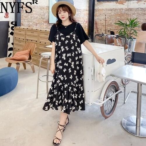 NYFS 2021 Korean New Patchwork Chiffon Hem Woman Dress Loose Long Dress Vestidos Robe Elbise Fake two-piece sling Summer Dress